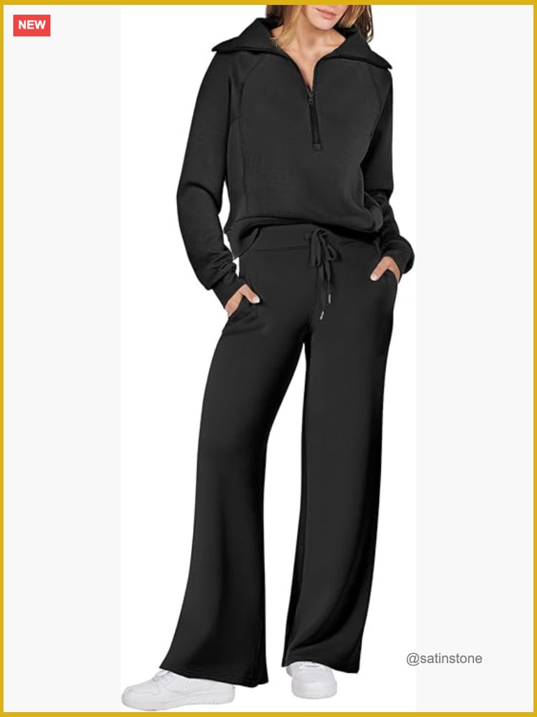 Half Zip Sweatshirt & Wide Leg Pants Lounge Matching 2 Piece Set